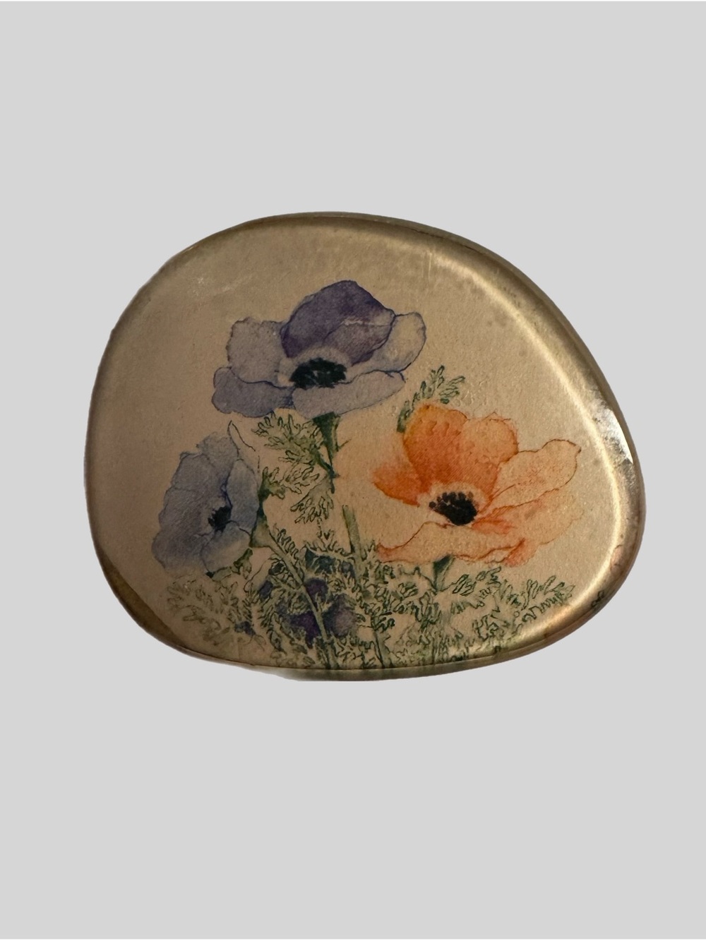 Vintage Eyeglass Lens Brooch Reverse Painted Flower Pin Cottagecore Folk Art EUC